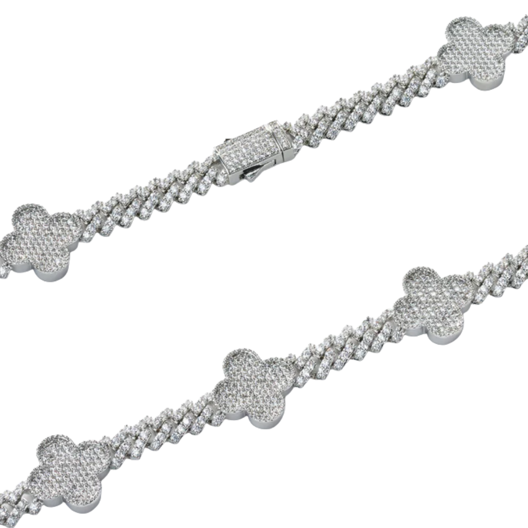 Clover Iced Prong Cuban Chain (Silver) - 8mm