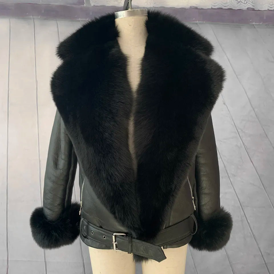 Veste en cuir de luxe en véritable fourrure de renard