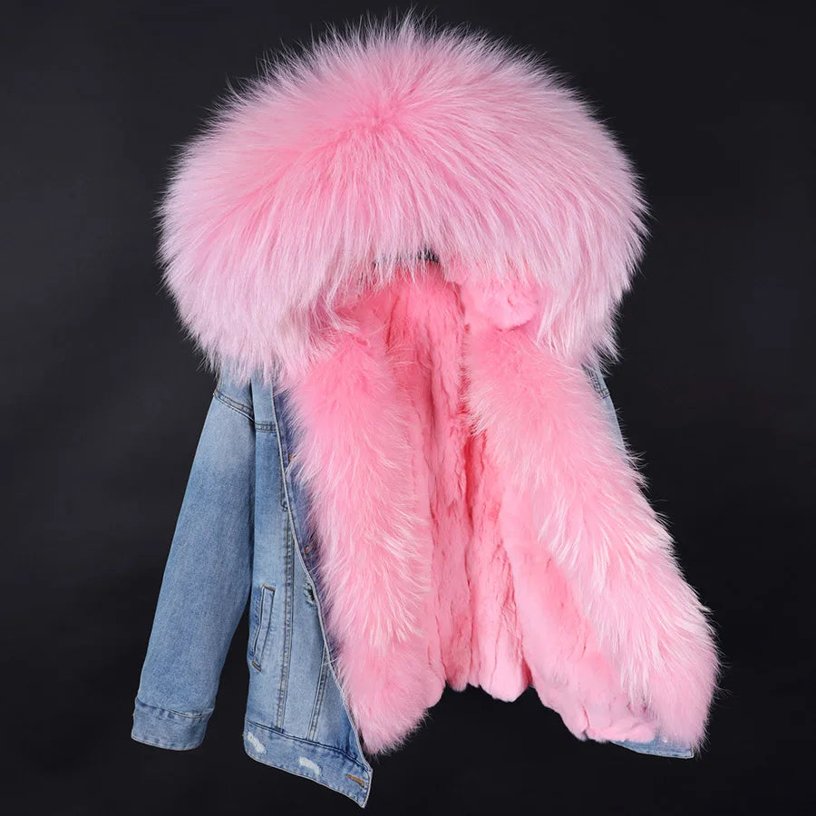 Solid Color Real Rabbit Fur Demin Jacket