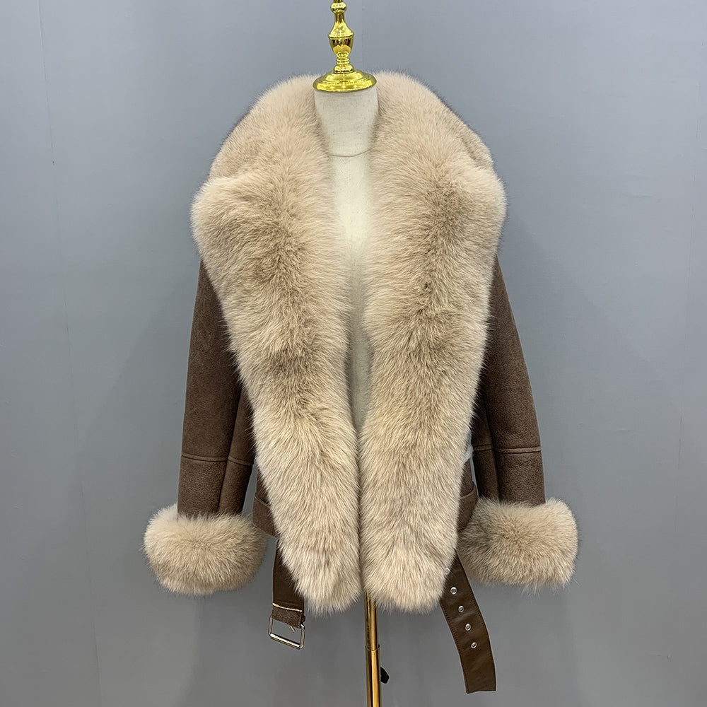 Veste en cuir de luxe en véritable fourrure de renard
