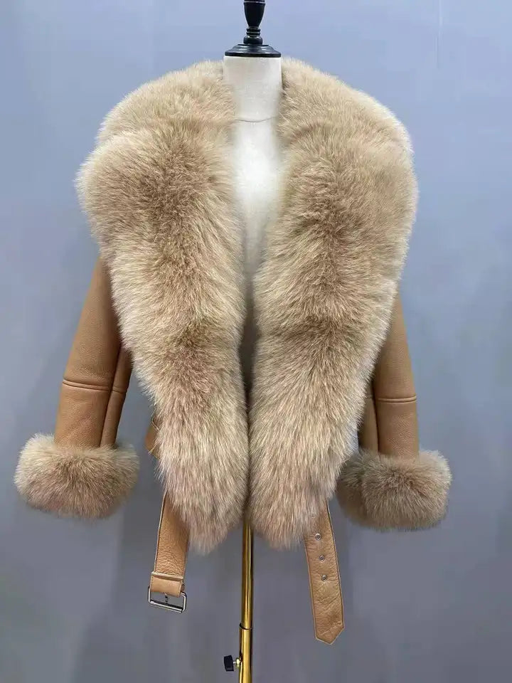 Veste en cuir de luxe en véritable fourrure de renard