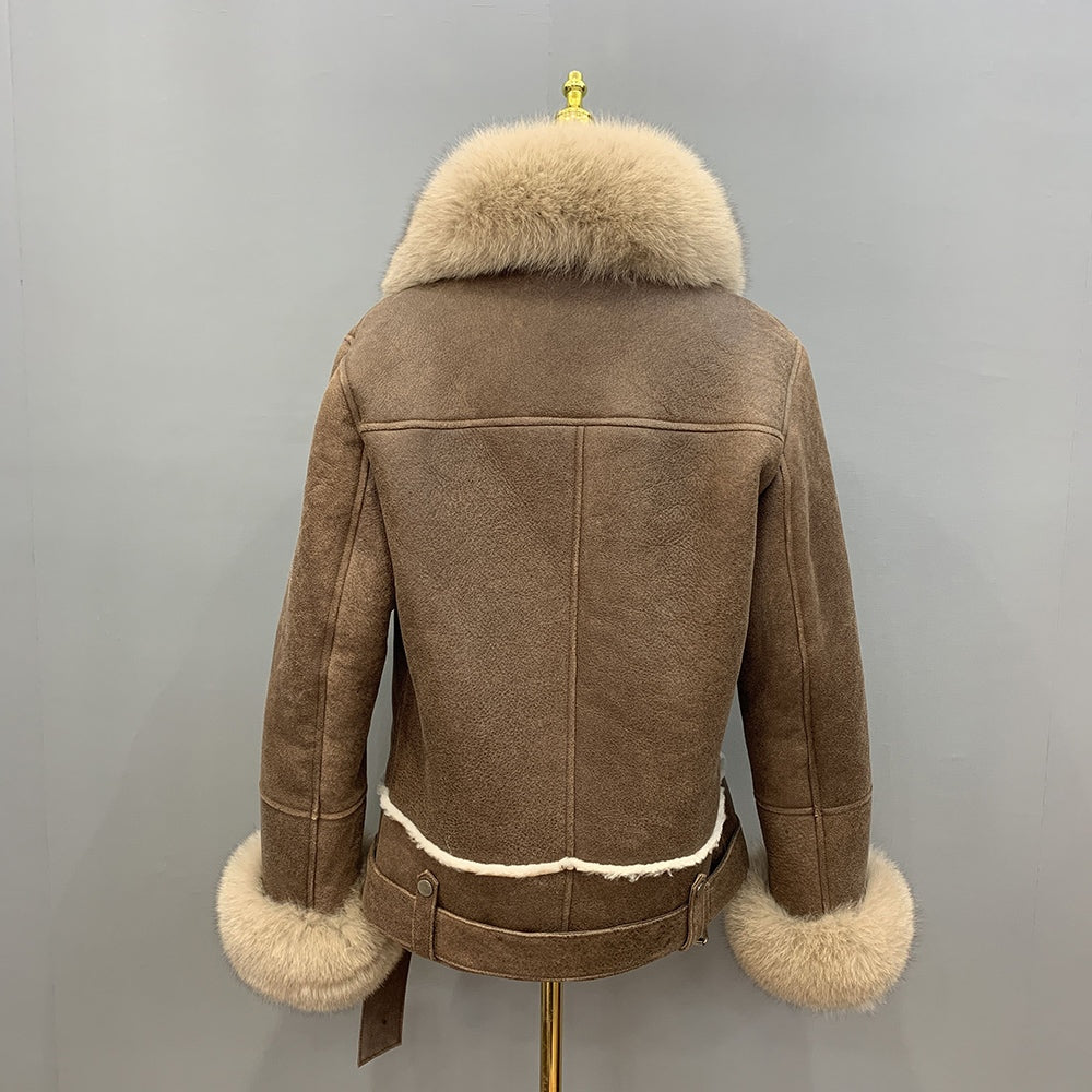 Veste en cuir de luxe en véritable fourrure de renard
