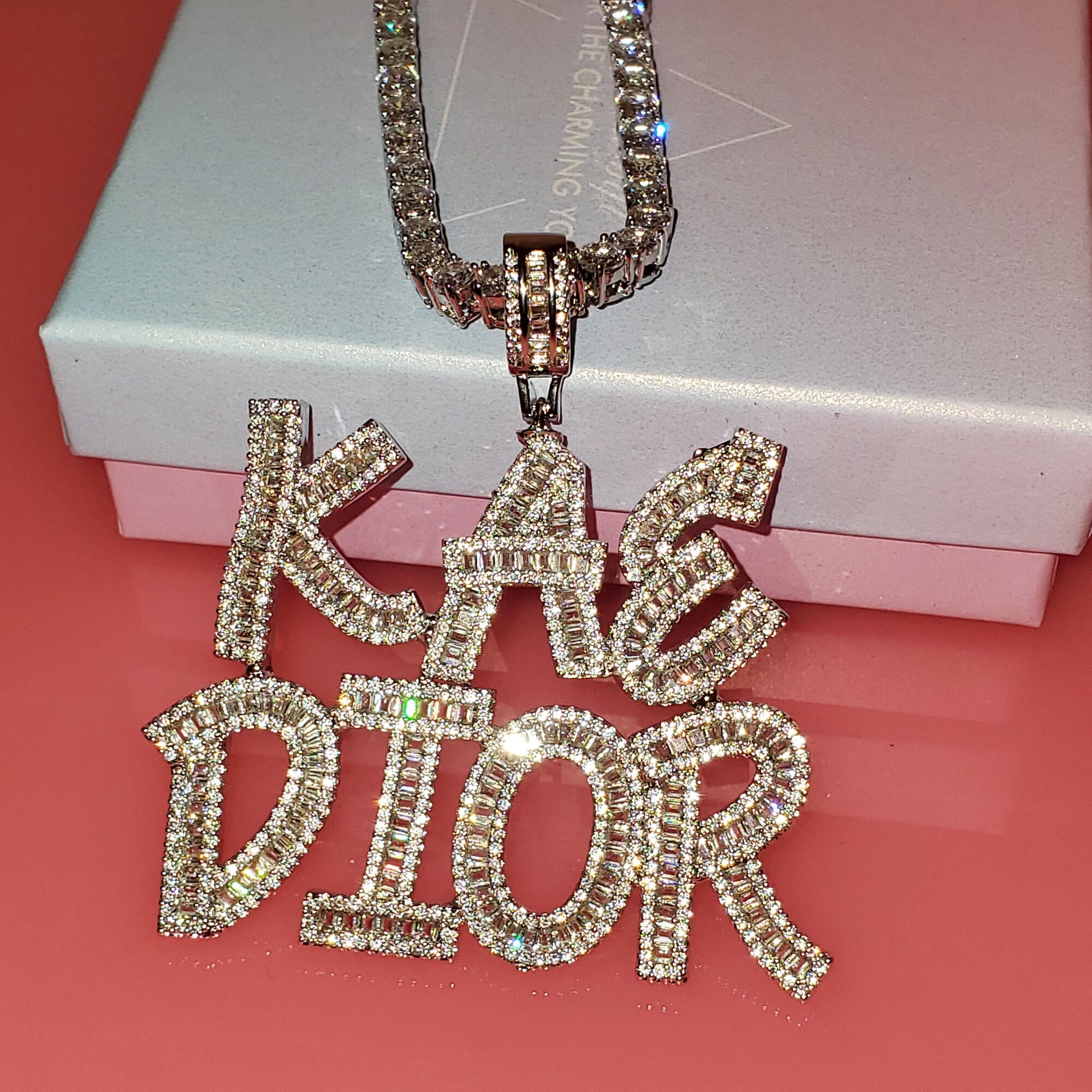 Custom Baguette Letter Name Necklace – Iced Out Pendant with Tennis Chain