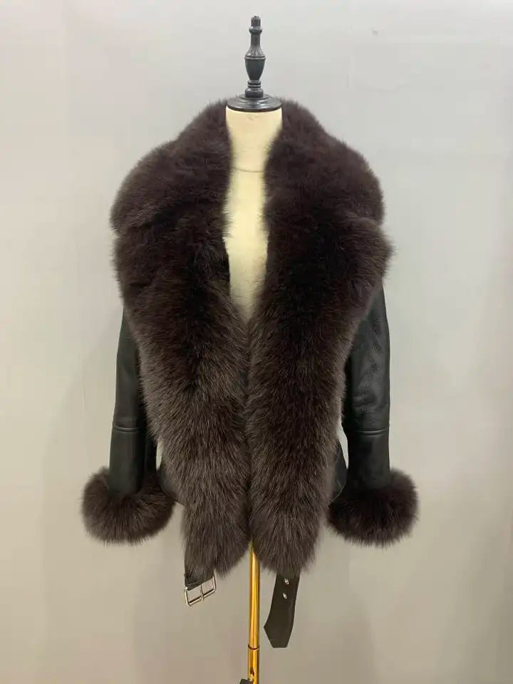 Veste en cuir de luxe en véritable fourrure de renard