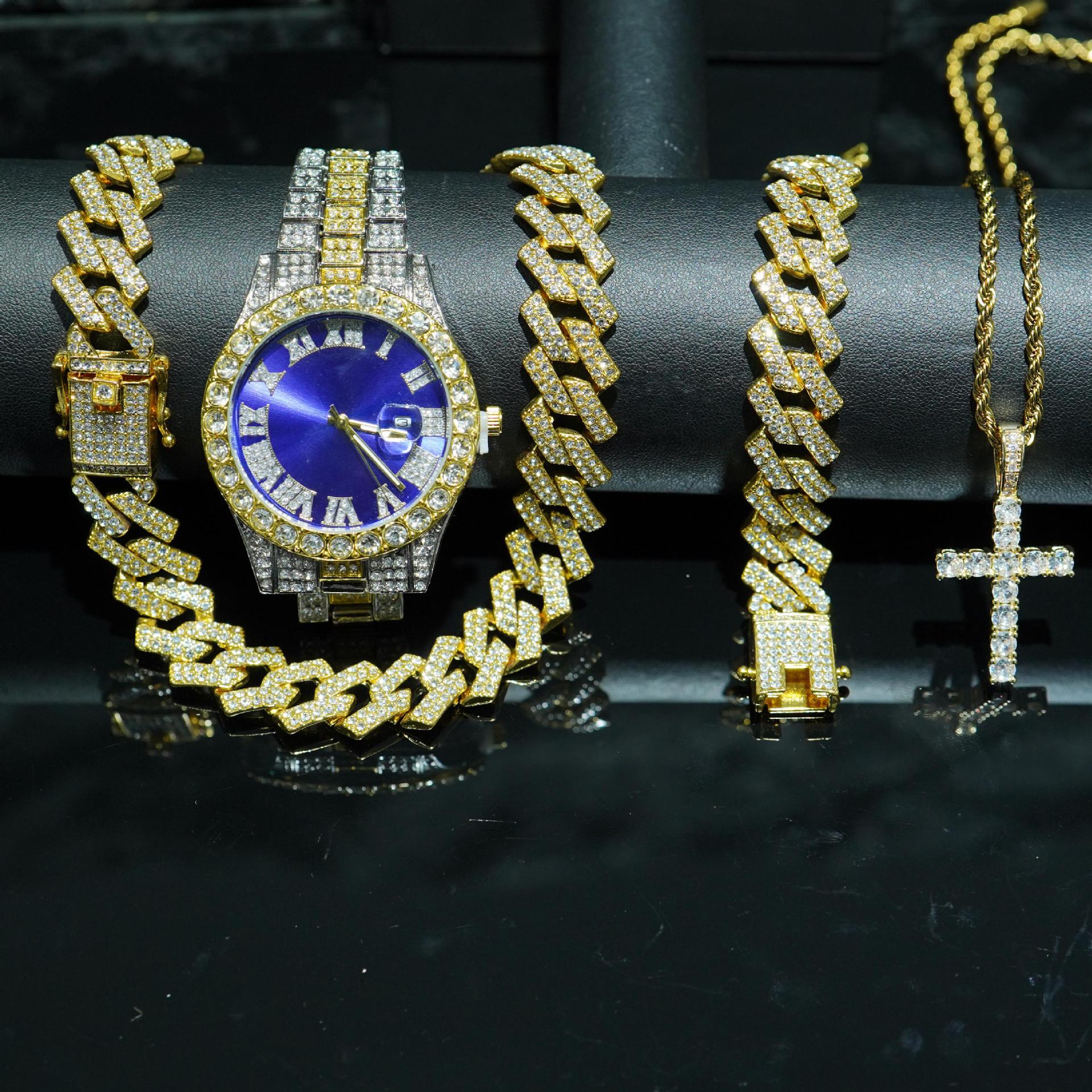 VVS Jewelry 4-Piece Iced Out Watch & Cuban Chain, Bracelet and Cross Bundle Set