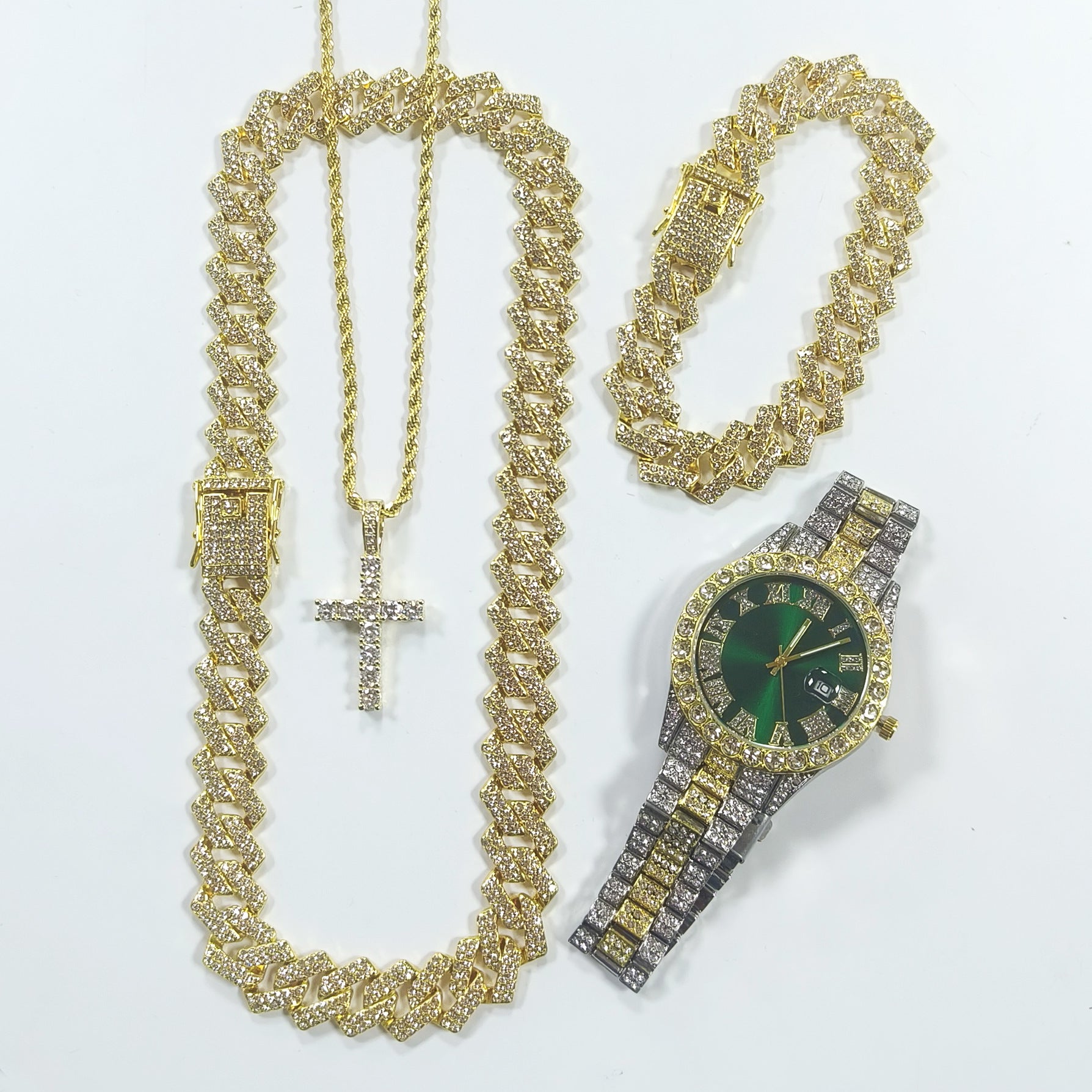 VVS Jewelry 4-Piece Iced Out Watch & Cuban Chain, Bracelet and Cross Bundle Set