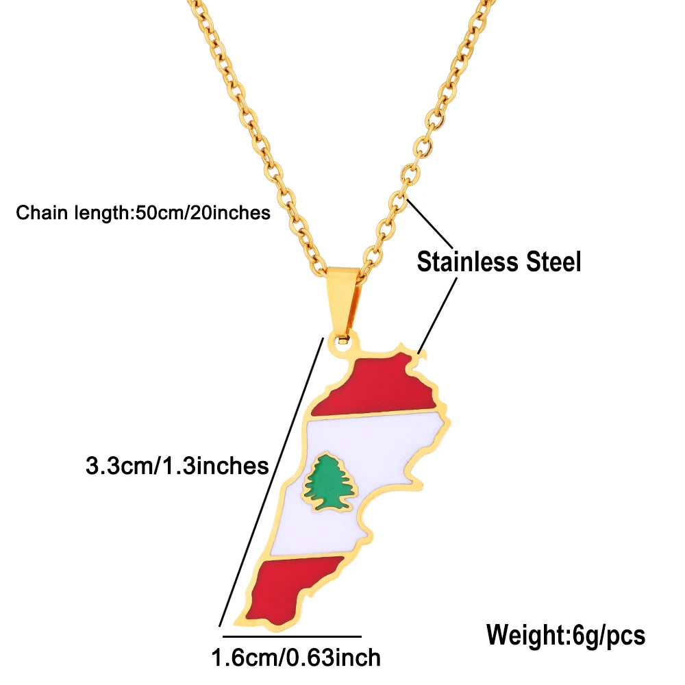 Halskette mit Anhänger aus Edelstahl mit Emaille-Karte und Flagge des Libanon