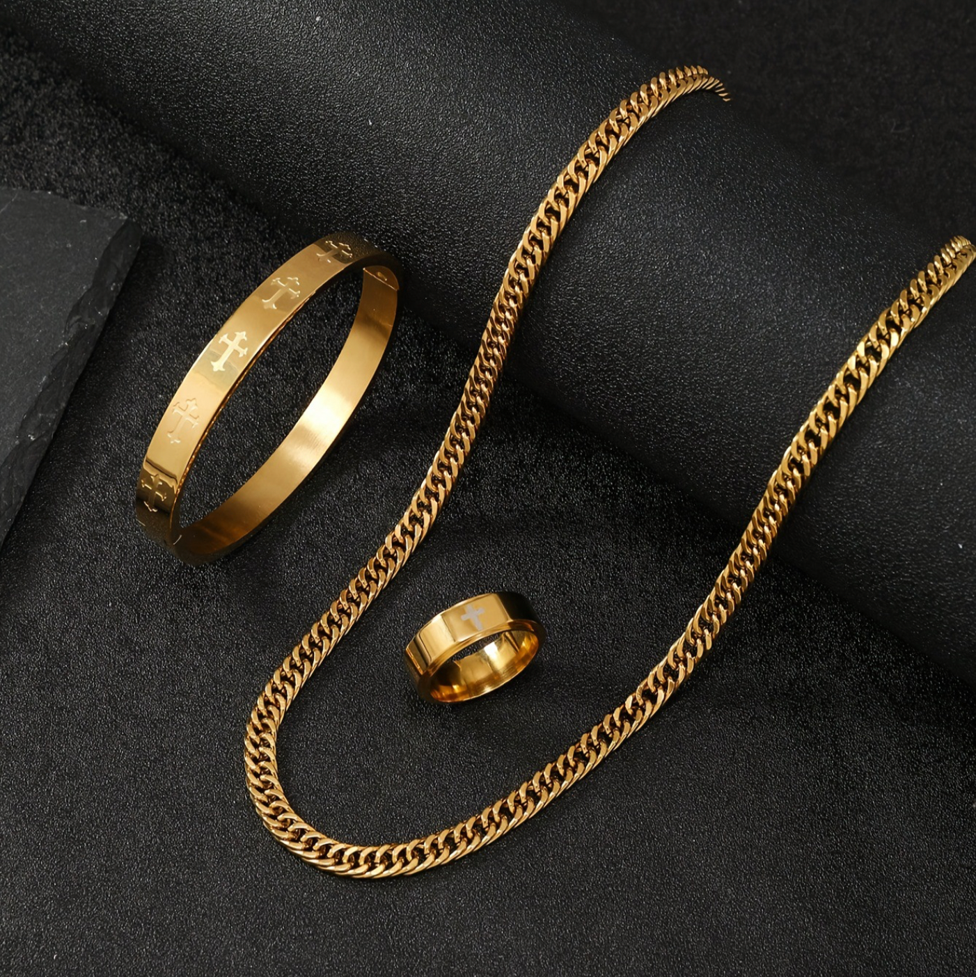 Grillz Boss Glory Gold Cuban Chain Cross Bangle and Cross Ring Bundle