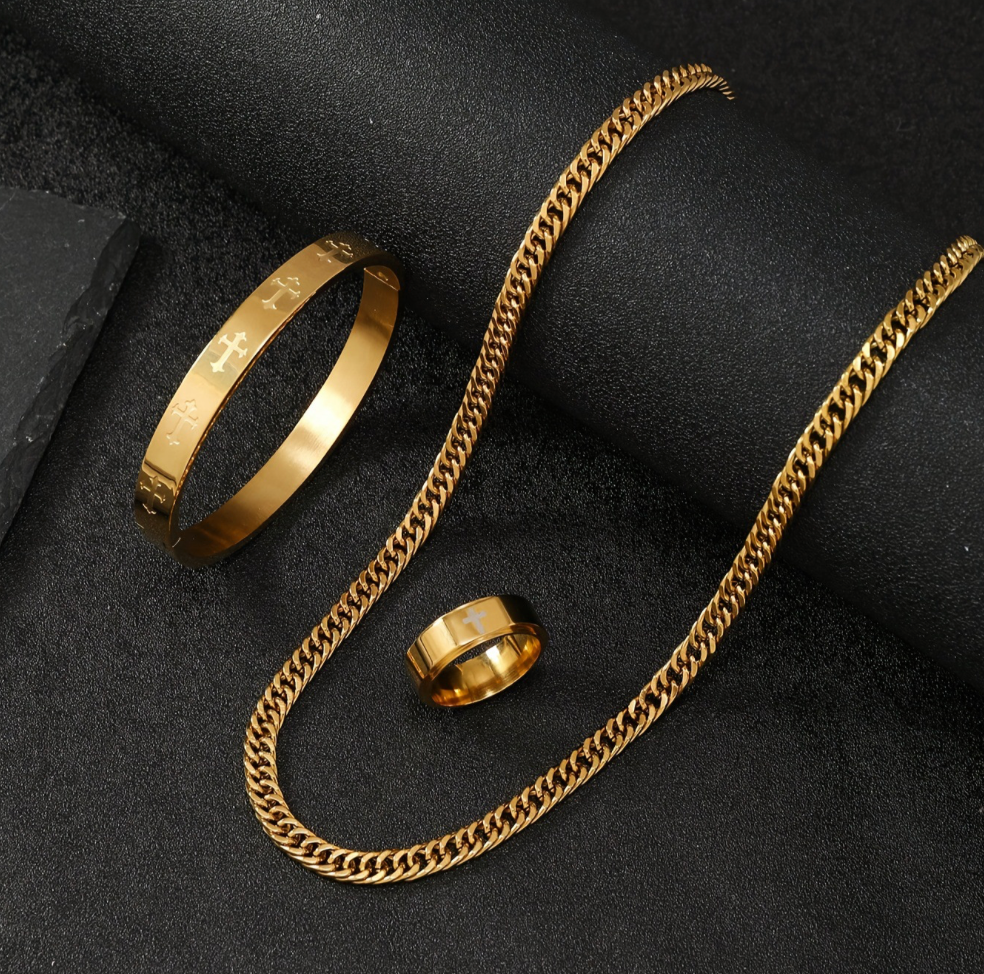 Grillz Boss Glory Gold Cuban Chain Cross Bangle and Cross Ring Bundle