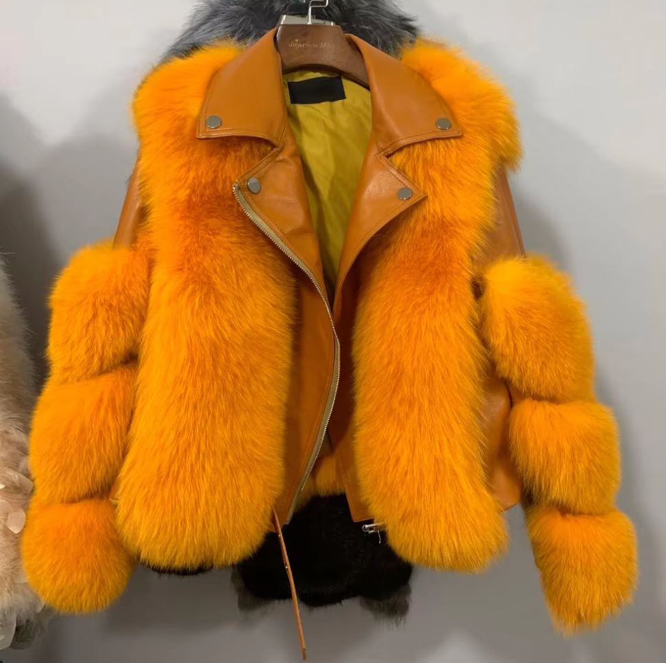 Amalia Women’s Real Fox Fur and Genuine Sheepskin Leather Winter Jacket