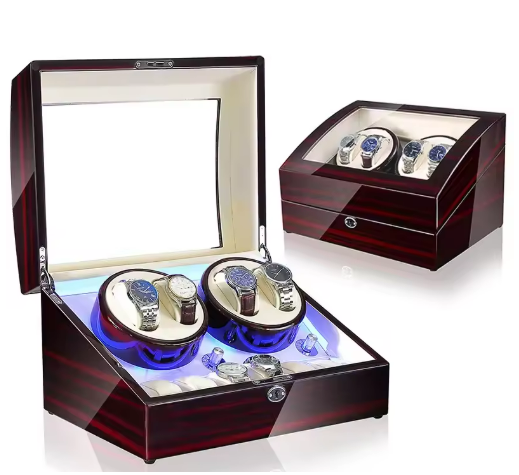 Luxury Walnut Wood 4 + 6 Watch Winder with Extra Storage and LED Lights
