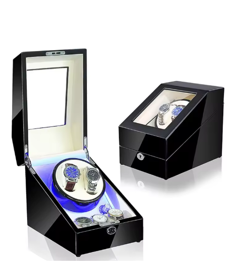 Luxury Walnut Wood 2+3 Watch Winder with Lock, LED Lights & Extra Storage