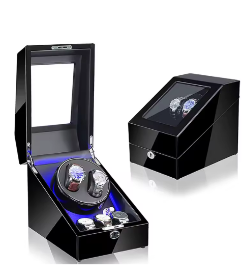 Luxury Walnut Wood 2+3 Watch Winder with Lock, LED Lights & Extra Storage