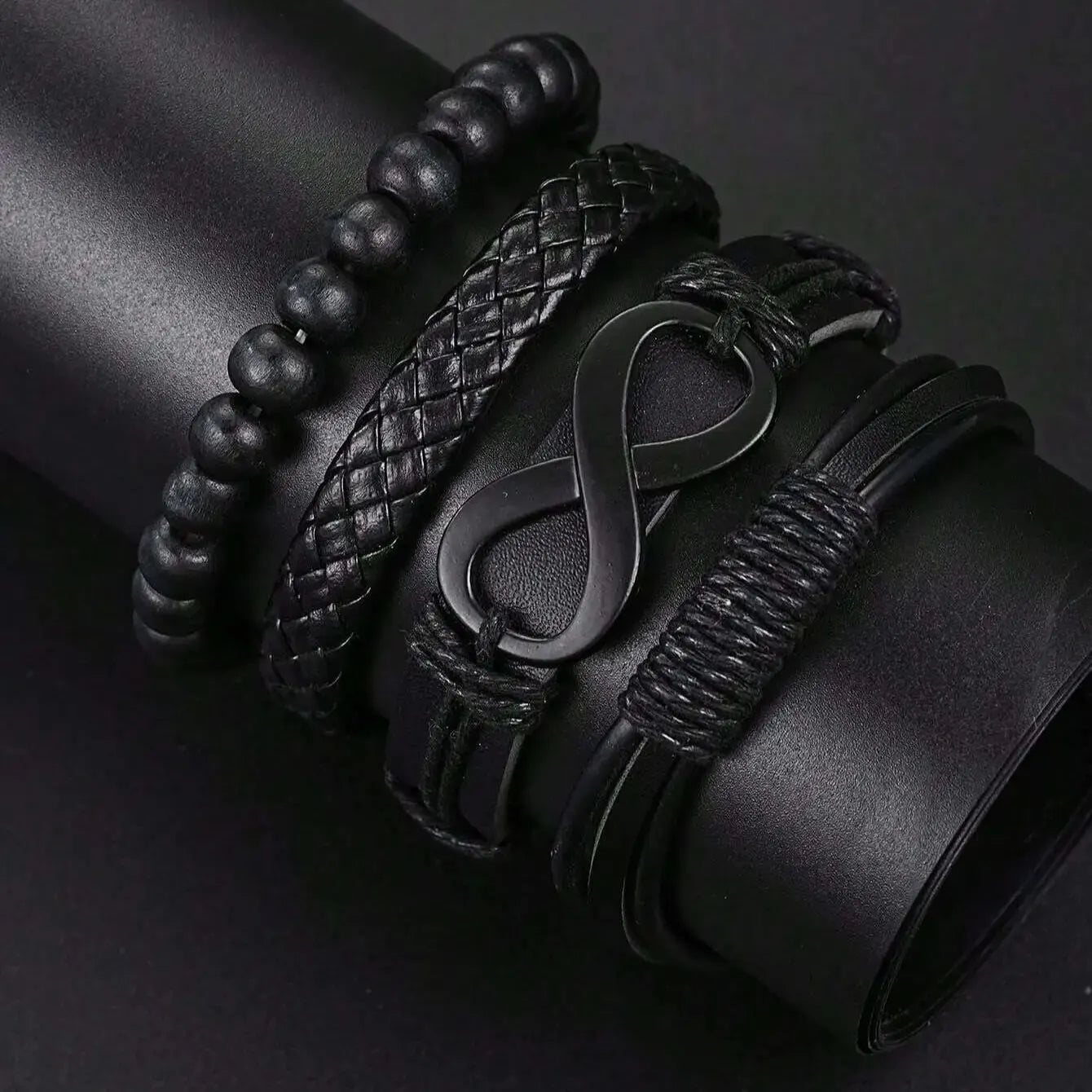 VVS Vanta Noir 6-Piece Men's Accessory Set – Leather Bracelet, Mechanical Watch & Cross Pendant Necklace Bundle