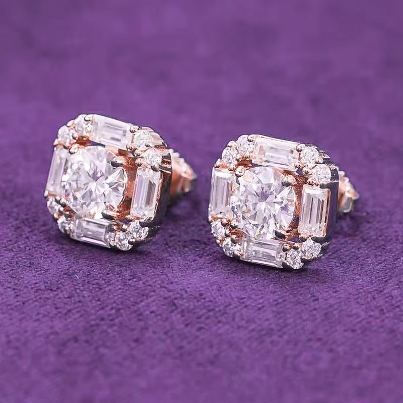 Baguette Halo VVS Moissanite Stud Earrings