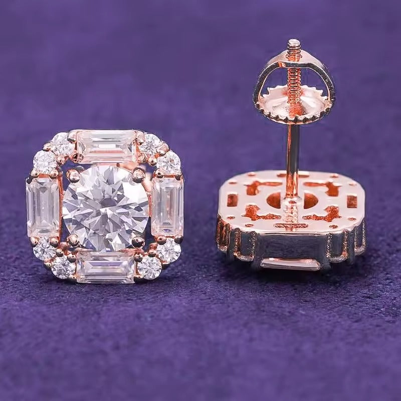 Baguette Halo VVS Moissanite Stud Earrings