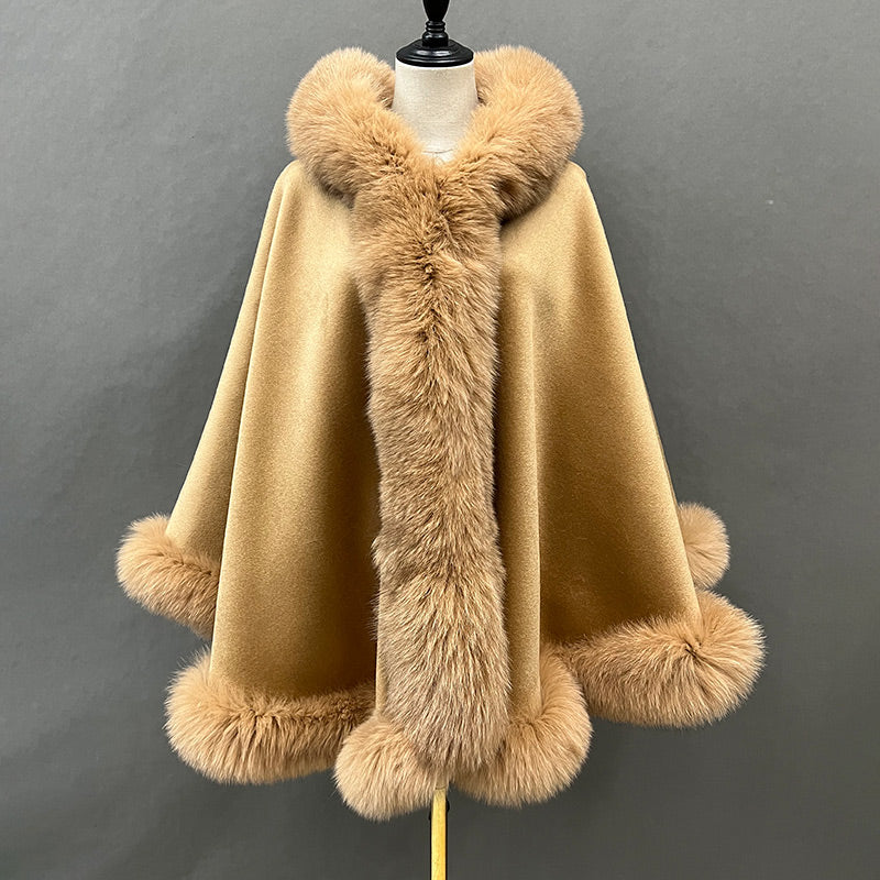 Emily Cashmere Poncho Style Real Fox Fur Coat with Fox Fur Hood