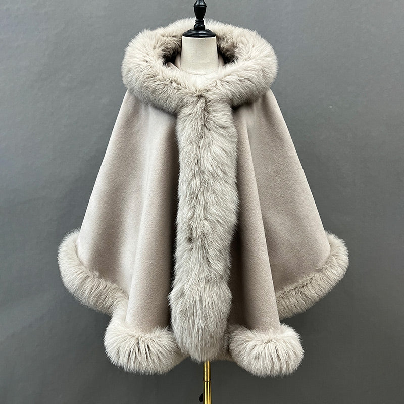Emily Cashmere Poncho Style Real Fox Fur Coat with Fox Fur Hood