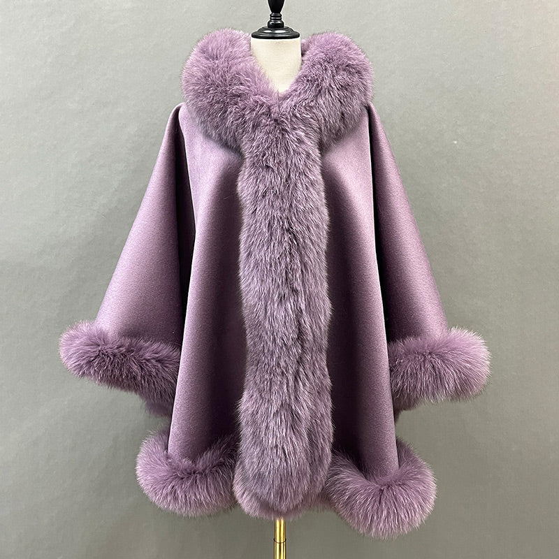 Emily Cashmere Poncho Style Real Fox Fur Coat with Fox Fur Hood