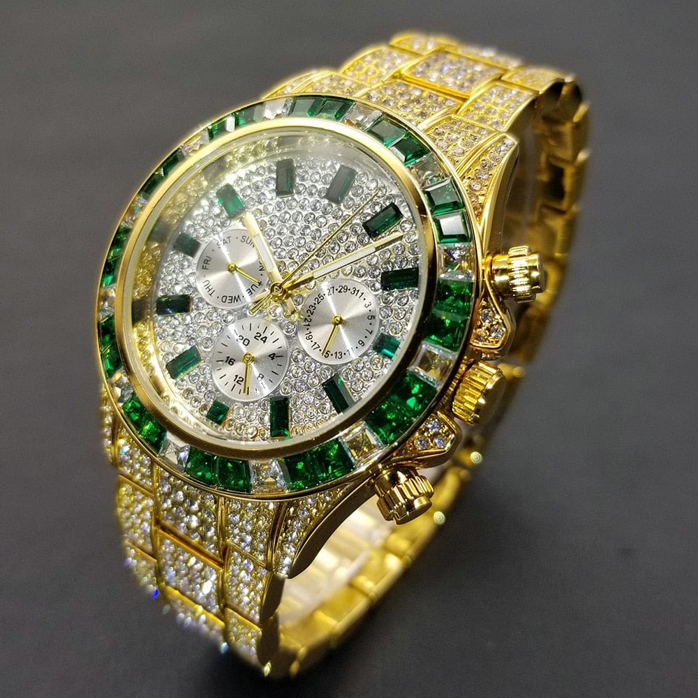 VVS Jewelry hip hop jewelry Watch VVS Jewelry Two-Tone Green Iced Out Watch
