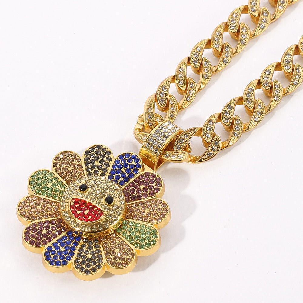 Murakami-Inspired Sunflower Pendant Necklace Rapper Chain
