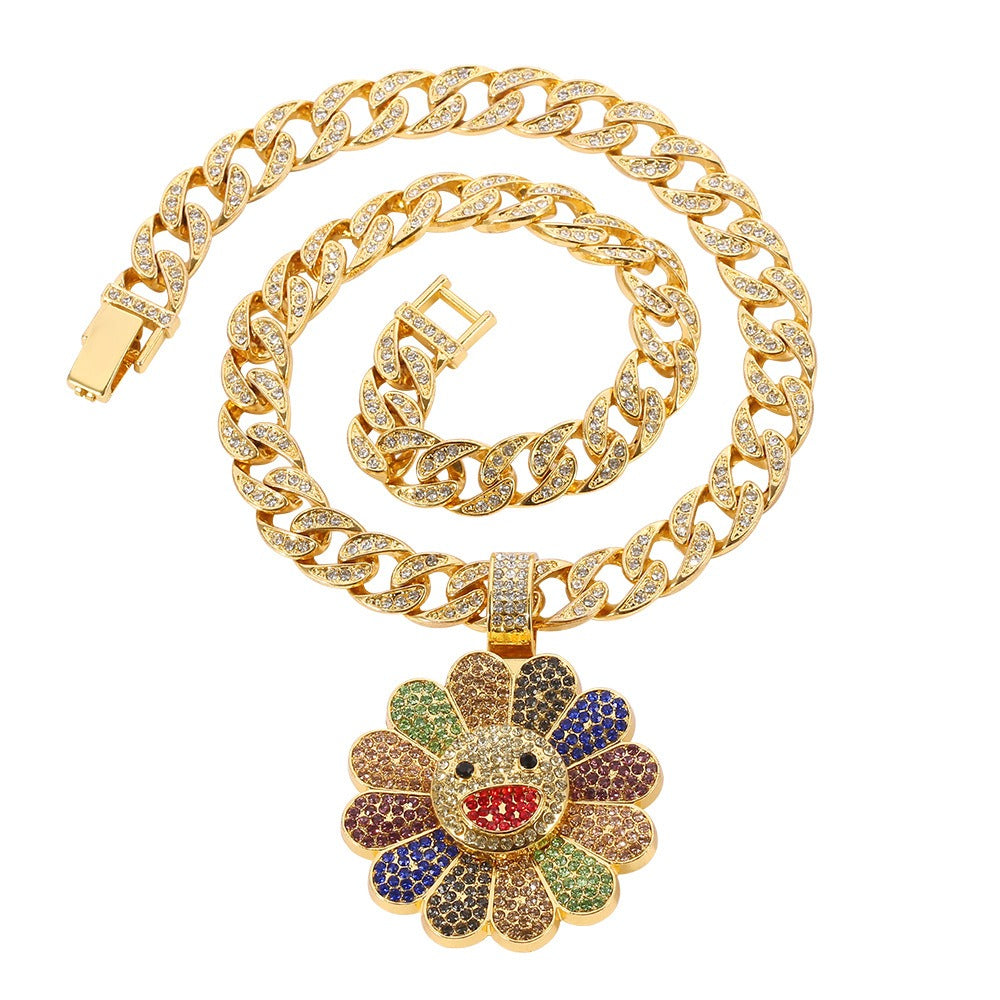 Murakami-Inspired Sunflower Pendant Necklace Rapper Chain