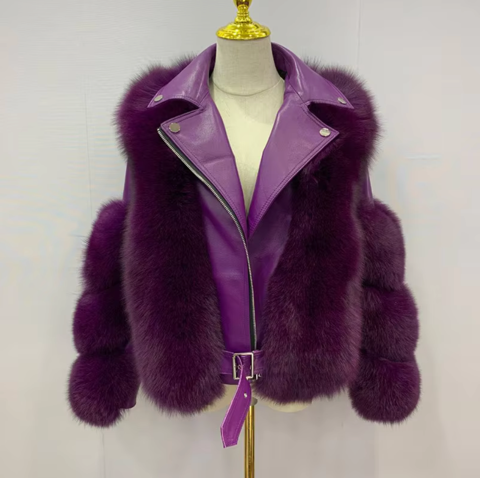 Amalia Women’s Real Fox Fur and Genuine Sheepskin Leather Winter Jacket
