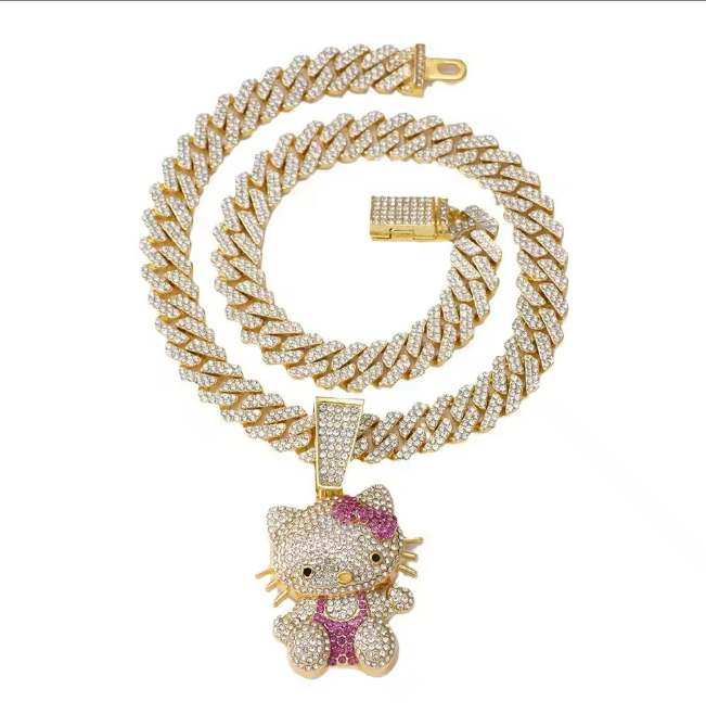Diamond Hello Kitty Cuban Chain Pendant Necklace