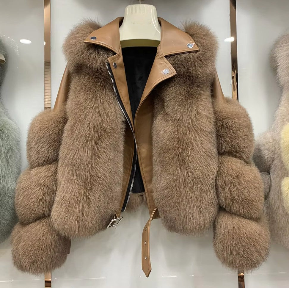 Amalia Women’s Real Fox Fur and Genuine Sheepskin Leather Winter Jacket